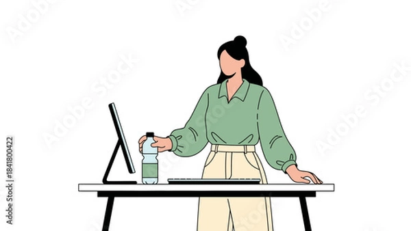 Fototapeta Illustration of a woman at a desk with a computer and a bottle of water minimal graphic design