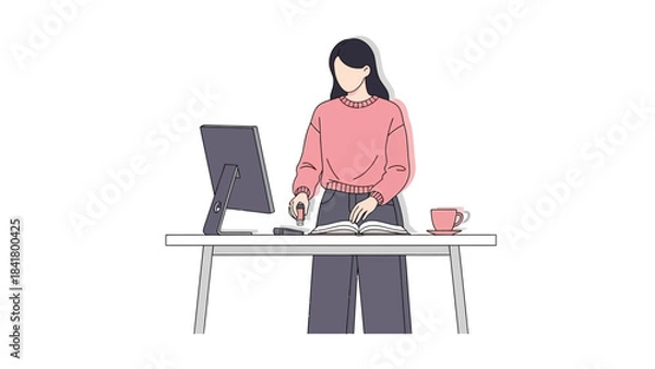 Fototapeta Illustration of a woman at a desk with a computer, book, and coffee cup