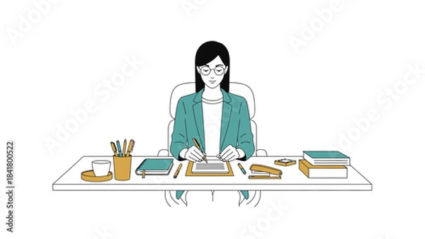 Fototapeta Illustration of a woman at a desk writing or working, simple line art style