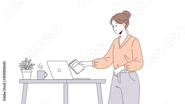Fototapeta Illustration of a woman at a table with a laptop and a notebook, working from home