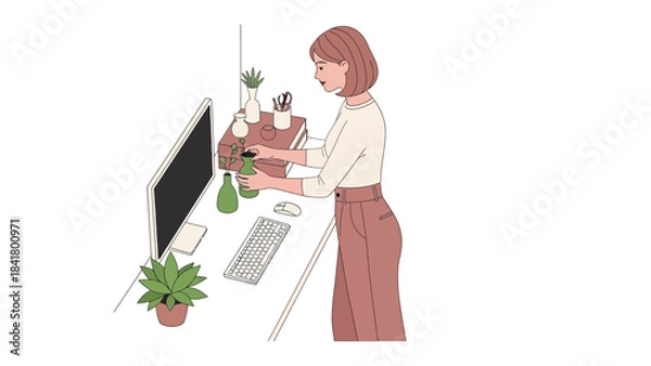 Fototapeta Illustration of a woman at her desk with plants and computer, workspace concept
