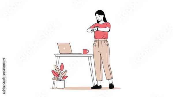 Fototapeta Illustration of a woman checking the time next to a desk with a laptop and a plant