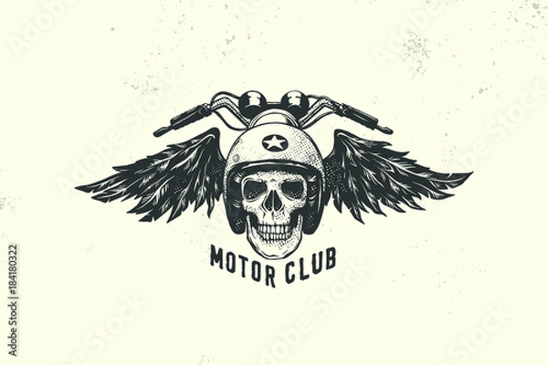 Fototapeta Vintage Motor Club Sign and Label with skull, helmet and wings. Emblem of bikers and riders.