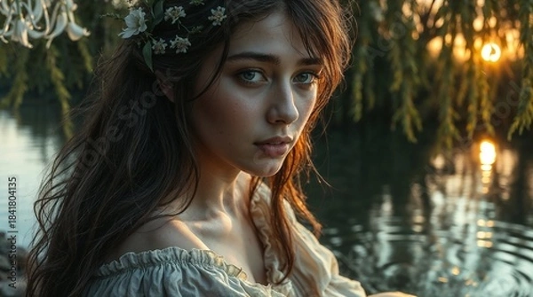 Obraz Ophelia in a melancholic reflective mood in a close-up portrait by the river against a sunset backdrop