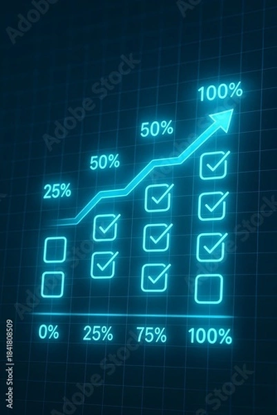 Obraz Futuristic glowing bar graph showing progress and growth to 100%. Digital illustration of business analytics, data visualization, and success metrics on a dark background.