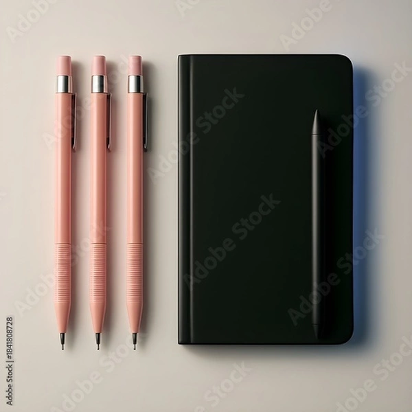 Obraz Stylish stationery still life with pink pens and a black notebook on a beige background. Concept of creativity, organization, and a modern workspace.