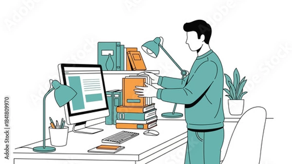 Obraz Illustration depicting a person at a desk with books and a computer, studying