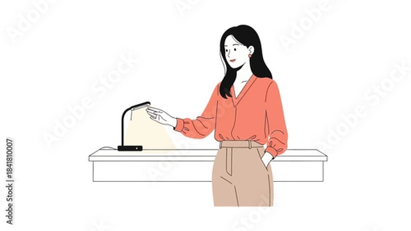 Obraz Illustration depicting a woman interacting with a desk lamp in a minimalist style