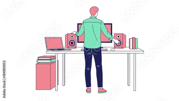 Obraz Illustration of a Man Arranging Speakers at His Desk, Back View, Minimalist Design