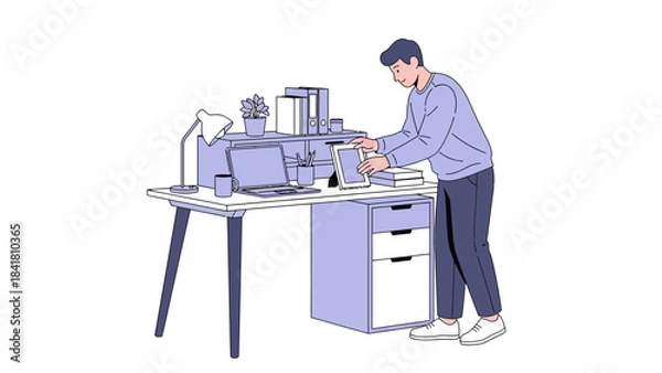 Obraz Illustration of a man working from his desk, laptop, and organizing his workspace