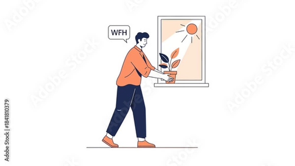 Obraz Illustration of a man working from home taking care of a plant near the window