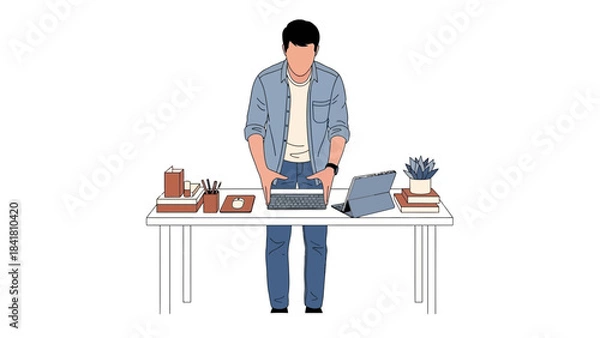 Obraz Illustration of a man working on a desk with a tablet and other office supplies