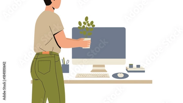 Obraz Illustration of a Person Adding Small Plants to a Computer Workspace at Home or Office