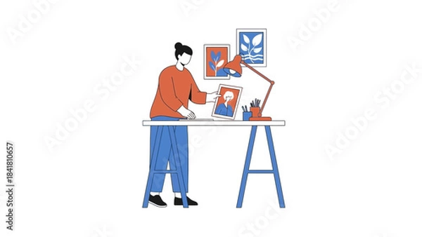 Obraz Illustration of a person arranging art on a desk with a lamp and some pictures