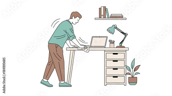 Obraz Illustration of a person cleaning a desk with a laptop and a houseplant present
