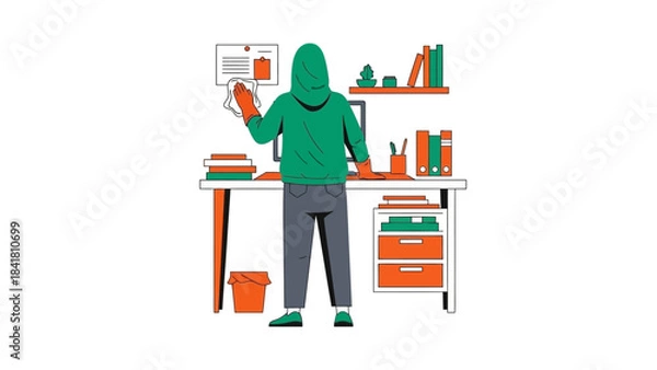 Obraz Illustration of a person cleaning an office desk with cleaning supplies