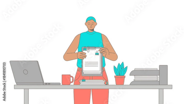 Obraz Illustration of a person holding papers at an office desk with a laptop and stapler