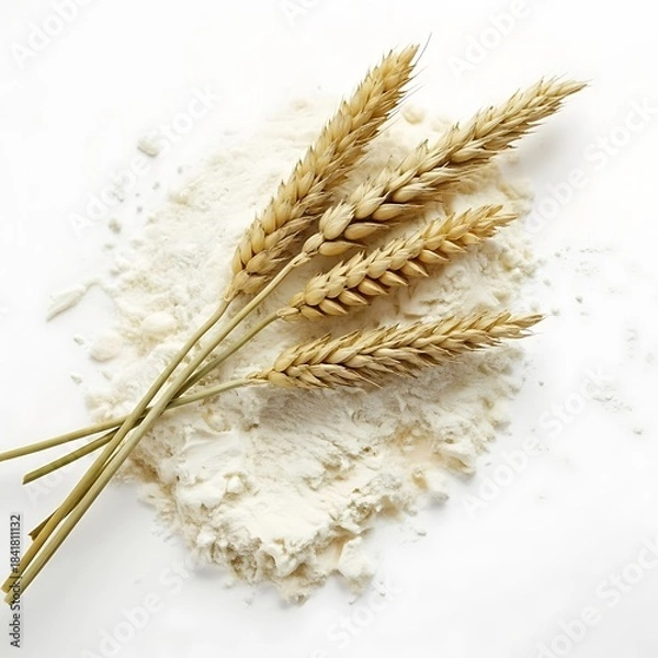 Fototapeta A close up of wheat stalks lying on a pile of white flour on a white background