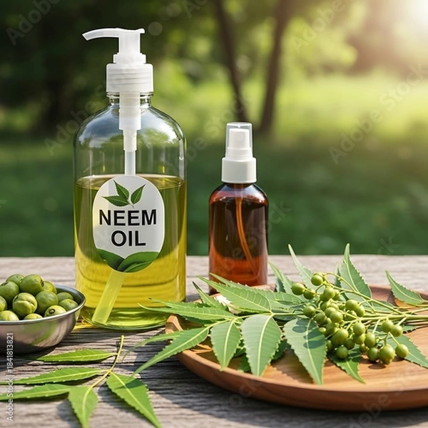 Fototapeta Neem oil bottles with leaves and berries on a wooden surface outdoors in daylight
