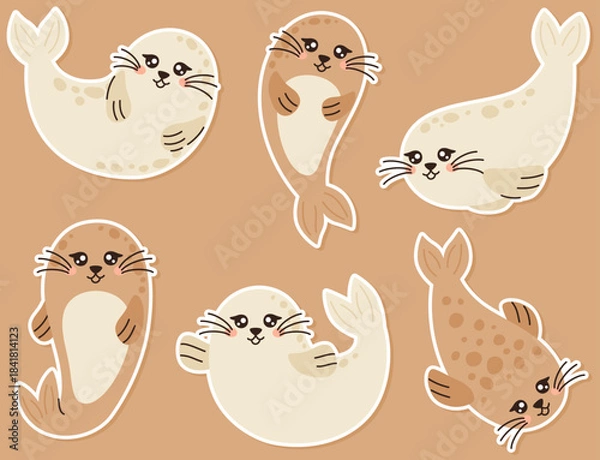 Obraz A set of seal stickers in various poses. Cute sea animals.