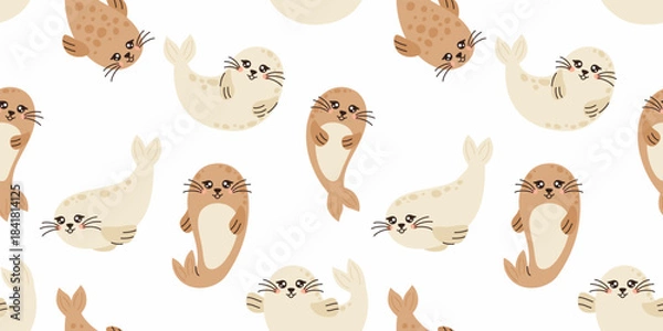 Obraz Seamless pattern with seals in different poses. Cute sea animals.