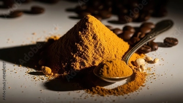 Obraz Golden turmeric powder piled high next to a spoon, surrounded by coffee beans