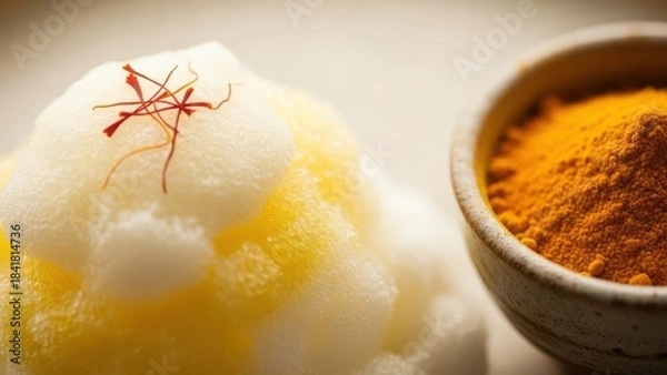 Obraz A close-up view of a sweet dessert topped with red saffron threads next to a bowl of spice