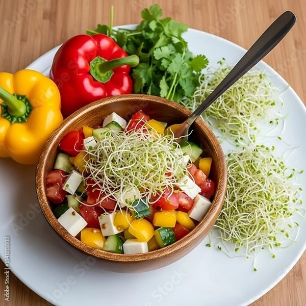 Fototapeta A wooden bowl filled with a colorful salad and sprouts on a white plate dish