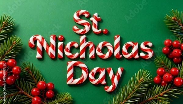 Fototapeta St. Nicholas Day greeting card with striped candy-cane style lettering on a vibrant green background, framed by lush pine branches and red berries – festive winter holiday illustration