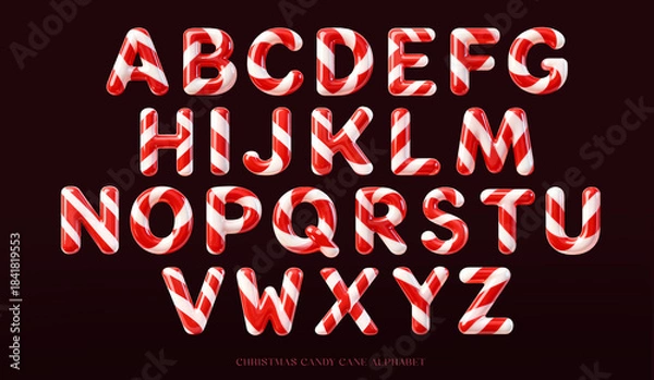 Fototapeta Holiday Alphabet in 3D Glossy Candy Cane Style Letters Isolated on Dark Maroon Gradient Background – Sweet Candy Cane Font Set for Holiday Cards, Winter Posters, Seasonal Branding, etc.