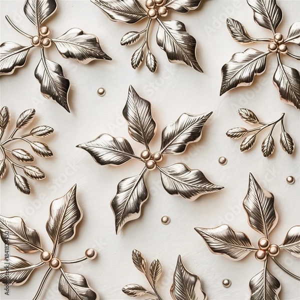 Obraz Premium festive background showcasing three-pointed holly leaves, metallic berry accents, and Christmas ornament theme, ideal for lifestyle branding and holiday print assets.