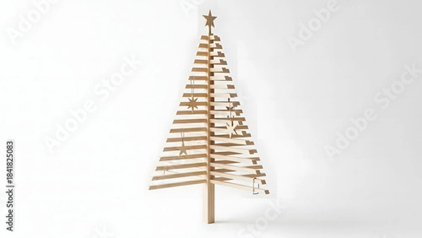 Obraz Minimalist wooden Christmas tree with star ornaments on a clean white background simple elegant and modern holiday decoration for contemporary festive design