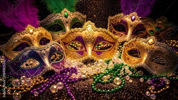 Obraz A mesmerizing close-up of an array of venetian carnival masks, adorned with sparkling gems and colorful beads, set against a backdrop of glitter and soft light for a festive ambiance