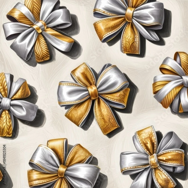Obraz Stylized holiday background showcasing ornamental ribbon bows, metallic color scheme, and festive surface design, suitable for packaging, textile mockups, and Christmas-themed visuals.