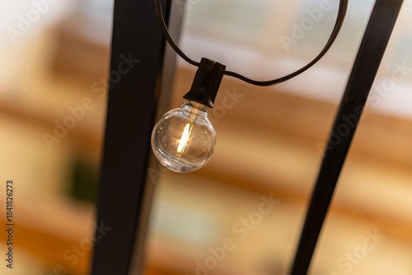 Obraz Light bulb hanging from a metal fixture with soft background lighting
