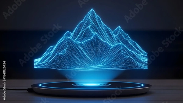 Obraz A glowing blue wireframe mountain range is projected onto a circular black and silver technological