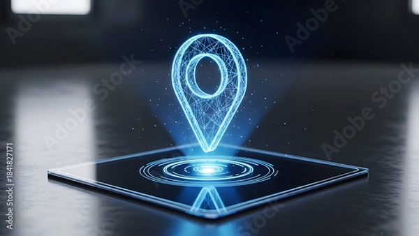 Obraz Holographic location pin icon glowing over modern digital tablet global positioning system gps navigation augmented reality concept urban background