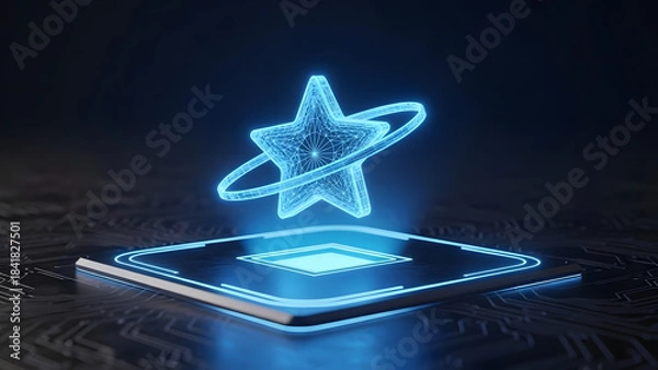 Obraz Glowing star wireframe with an orbital ring hovers above a sleek digital platform, symbolizing excellence, success, innovation, and technological achievement