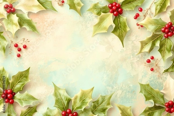Fototapeta A Christmas card with a white background and red berries and green leaves