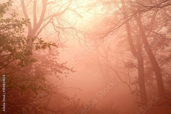 Fototapeta A forest with foggy trees and a sun shining through the trees