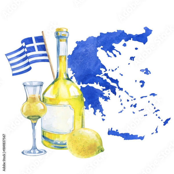 Fototapeta Watercolor composition with the outline of the country, the national flag and a lemon drink on an isolated background. A vivid illustration in yellow and blue colors typical of the culture of Greece
