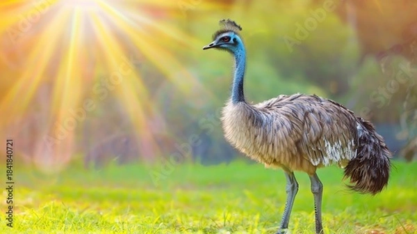 Fototapeta An emu stands in sunlit field, its feathers textured, under a brilliant sunburst