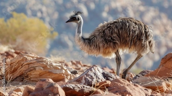 Fototapeta An emu strides across a rocky, desert landscape. Soft-focus background suggests heat and distance