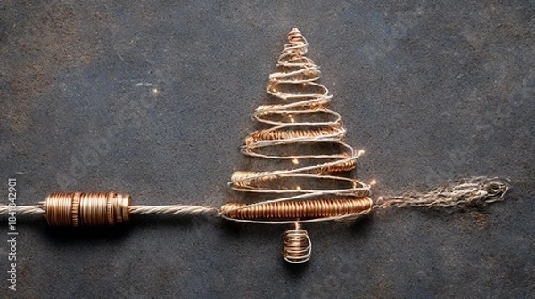 Fototapeta Minimalist Christmas tree sculpture made of coiled copper wire and glowing string lights on dark textured background