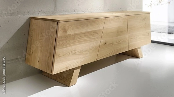 Fototapeta Angled wood sideboard against a light wall, modern design, clean lines, minimalist decor