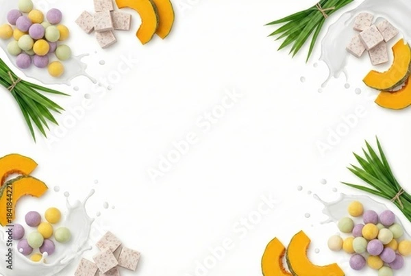 Obraz Thai Bua Loi ingredients frame with colorful glutinous rice balls, taro cubes and pumpkin slices on white background. Top view flat lay of coconut milk splash and pandan leaves with copy space.