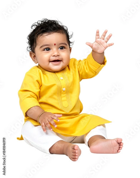 Obraz Cute Indian baby boy smiling happily and waving his hand while sitting comfortably wearing traditional yellow kurta and white pants.