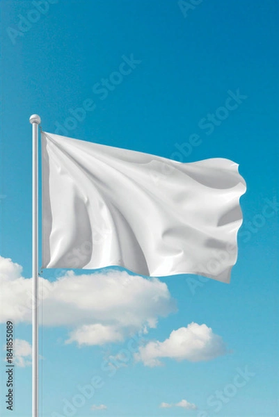 Fototapeta white flag on blue, white blank clean flag on blue sky background in mockup style, vertical banner, free space for text and copy