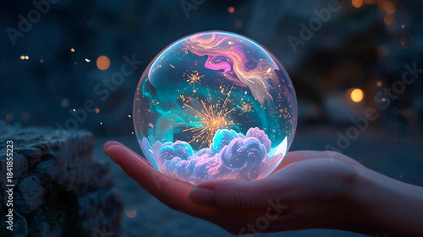 Fototapeta sparkling magic ball in hand, horizontal banner, free space for text, copy space