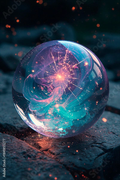 Fototapeta sparkling magic ball with sparks of fire, vertical banner, free space for text, copy space